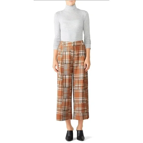PatBO patchwork plaid wide straight leg English pants fall winter size 0 - Picture 1 of 7